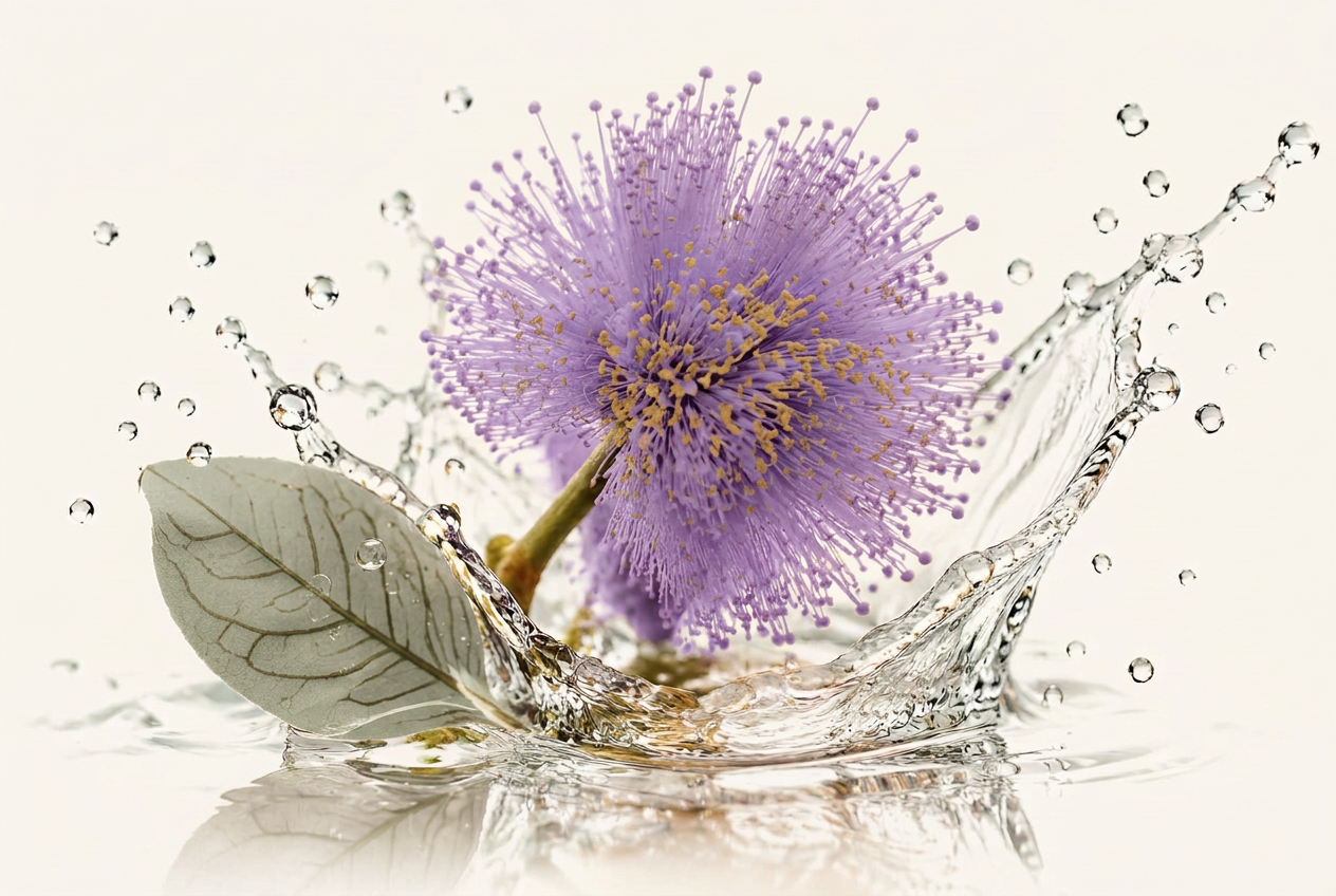 Orange flower and violet leaf moving through crystal-clear water