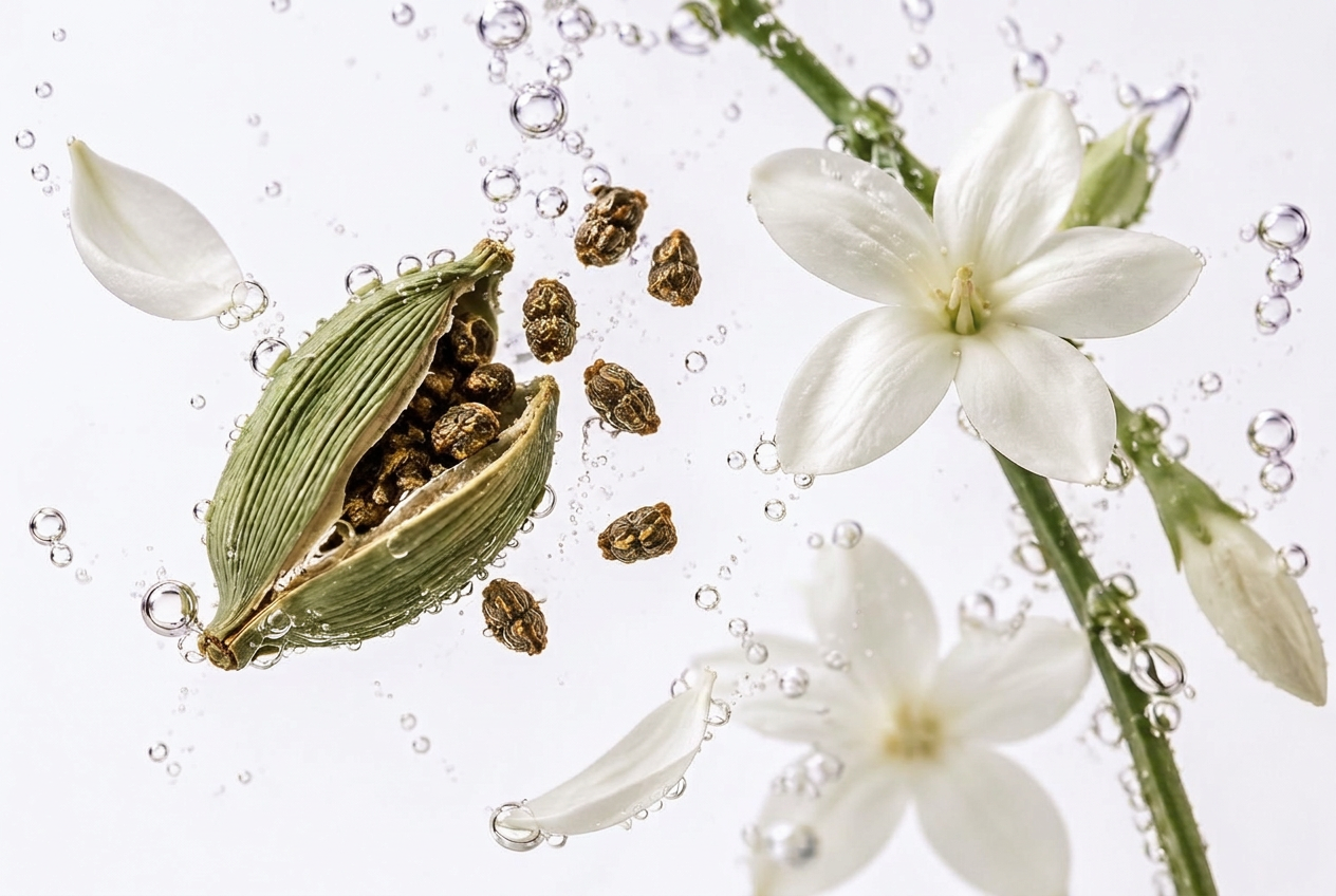 Green cardamom and white flowers photographed in water